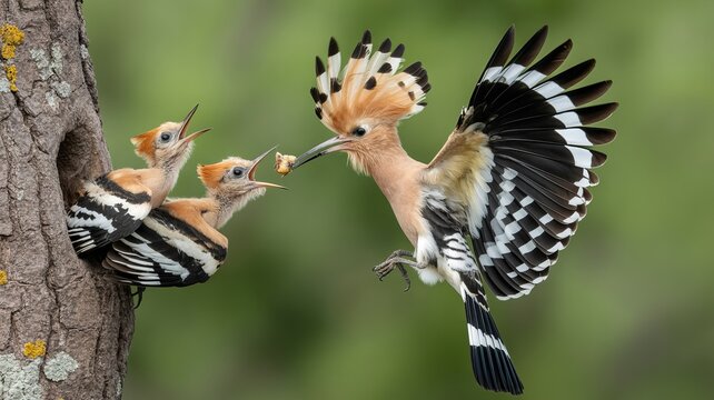 Close up of two hoopoe birds interacting on a tree trunk with one feeding the other black and white striped feathers