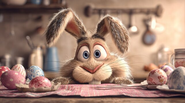 Ein lustiger Osterhase schaut &uuml;ber einen Tisch mit bunten Ostereiern.