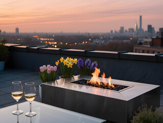 Rooftop evening with fire pit and city skyline view