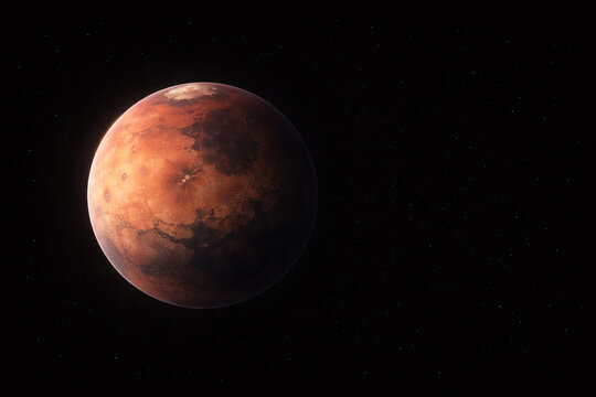 Mars planet in deep space with detailed red surface and craters. Solar system exploration, astronomy and science concept with starry background.