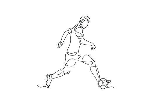 One continuous line drawing of a soccer player in action with a ball on white background Vector, illustration