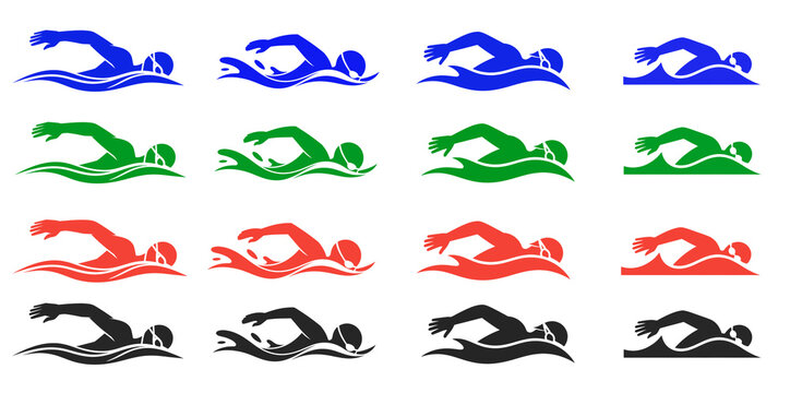 Sports swimming, men, set of colored icons of swimmers, on a white background, isolated, logo