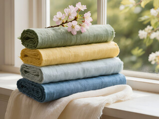 Soft colored fabric stack with flowers on window sill