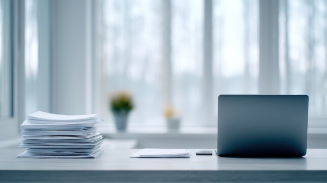 Office workspace with a laptop, neatly stacked documents, and a smartphone on a wooden desk, featuring large windows that allow natural light to illuminate the modern interior environment