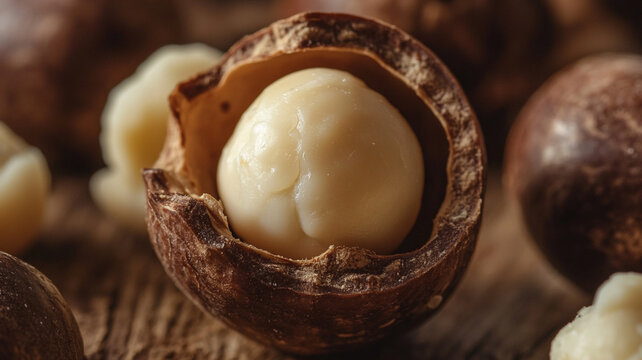 Macro shot of a cracked macadamia nut revealing the creamy white kernel inside, perfect for food and healthy lifestyle concepts.
