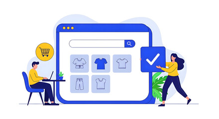 Colorful vector illustration of online shopping experience, featuring a person browsing clothing on a website, with a checkmark indicating successful purchase, ideal for ecommerce marketing.