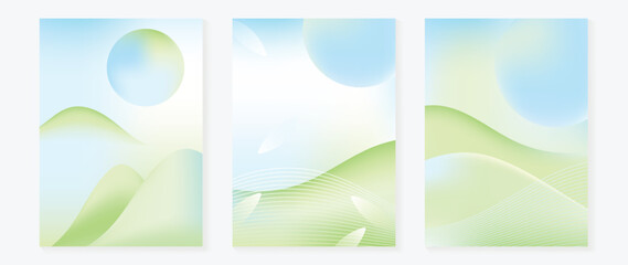 Naklejka premium Spring and summer blue green landscape vector background set with soft gradient sky and rolling hills. Calm fresh design for poster, web banner, wallpaper, presentation, and branding.