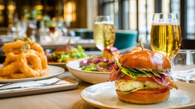 Chicken bacon burger with lettuce, tomato, cheese and onion rings on table in restaurant, juicy brioche bun gourmet fastfood meal with beer glasses and dishes front view dining concept