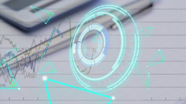Digital animation of shapes and stats represents global market concepts.