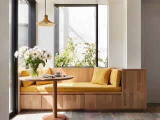 Sunlit cozy nook with wooden seating and bright cushions