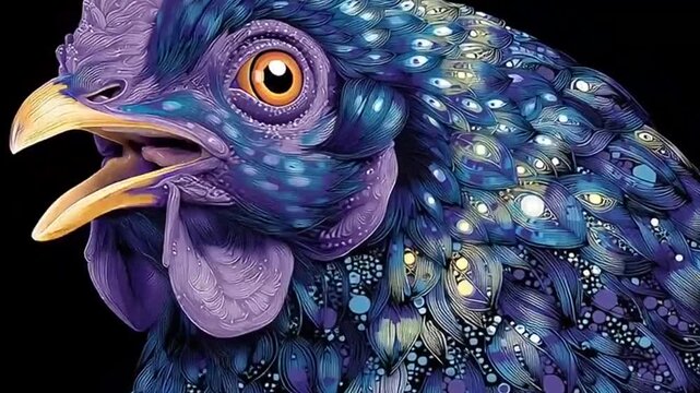 Vibrant purple rooster head closeup portrait.