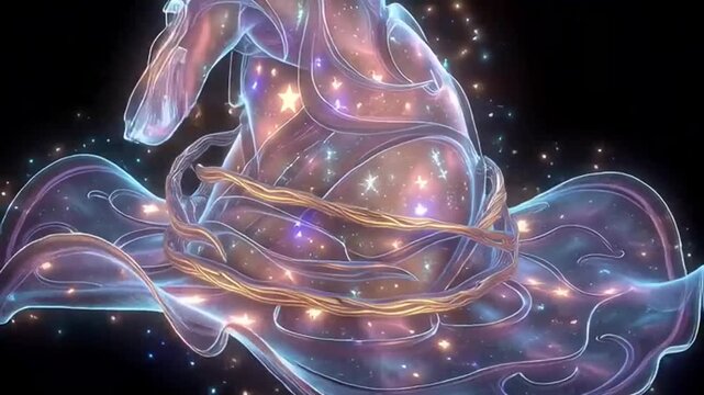 Woman meditates in cosmic energy field.