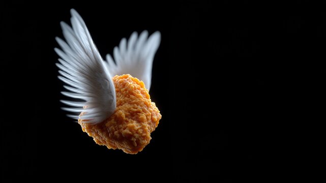 K&uuml;nstlerische Komposition von knusprigen goldbraunen H&auml;hnchenwings mit atypisch angebrachten echten wei&szlig;en Federn in Flugposition auf schwarzem Hintergrund