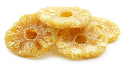 Dried pineapple rings isolated on white background, ideal for healthy lifestyle food concepts and snacking.
