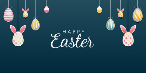 Festive easter decorations with colorful eggs bunnies and a greeting © Achinta