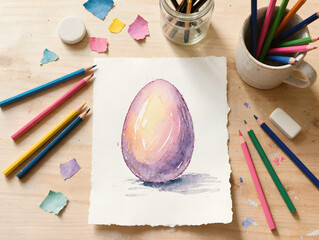 Watercolor egg drawing with colored pencils on wooden table
