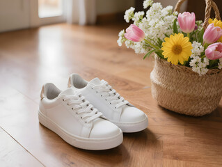 White sneakers and spring flowers on a wooden floor