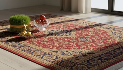 Naklejka premium Traditional Nowruz Haft-Seen items arranged on a beautiful Persian carpet with sunlight, symbolizing spring and cultural heritage concept