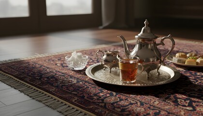 Fototapeta premium A traditional Persian tea set served with sweets on an ornate rug, embodying the rich cultural Nowruz celebration concept with warm ambiance