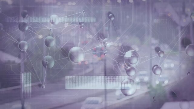 Animation of network with connected spheres and lines over blurred city street