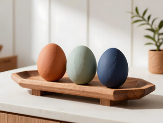 Wooden tray with three decorative eggs in minimalist setting