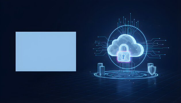 Laptop displaying cloud security icon with digital interface on dark blue background. Concept of cloud computing protection, cybersecurity, and secure data storage technology.