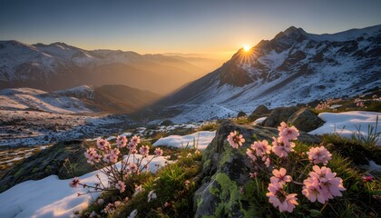 Fototapeta premium Golden sunrise over snow-capped mountains and blooming flowers, symbolizing the renewal and vibrant spirit of the Nowruz holiday concept