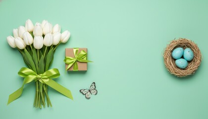 Easter, Spring, Tulips, Nest, Eggs, Flowers, Gift. Elegant flat lay composition on a mint background with white tulips, blue speckled eggs in a nest, and a butterfly for spring.
