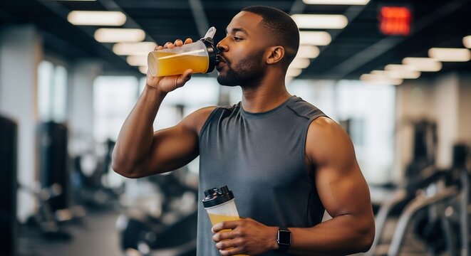Focused athlete drinking protein shake in modern gym setting