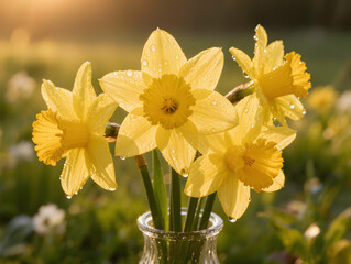 Yellow daffodils with dew drops in sunlit outdoor setting