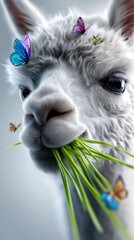 Fototapeta premium Nahaufnahme eines weißen Lamas mit Gras im Maul, umgeben von farbigen Schmetterlingen vor wolkigem Himmel.