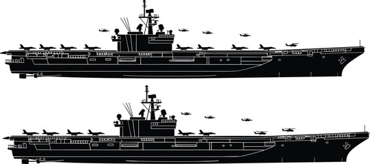 Aircraft Carrier Warship Silhouettes Illustration Featuring Naval Military Ship with Fighter Jets Representing Maritime Defense, Naval Aviation and Military Power Concept © MdLimon