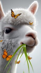 Fototapeta premium Nahaufnahme eines weißen Lamas mit Gras im Maul, umgeben von farbigen Schmetterlingen vor wolkigem Himmel.