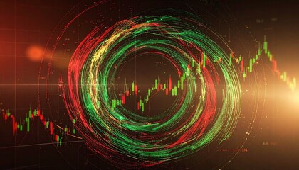 Abstract financial manipulation background, twisted green and red chart lines forming vortex, data glitch particles, dark technology finance theme, soft spotlight, modern abstract art, no text