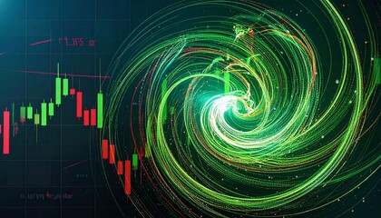 Abstract financial manipulation background, twisted green and red chart lines forming vortex, data glitch particles, dark technology finance theme, soft spotlight, modern abstract art, no text