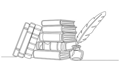 One continuous line drawing of stack of books, ink and quill pen. Old antique writing equipment for writer or student concept