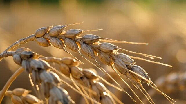 Close-up of golden wheat stalks swaying in sunlight