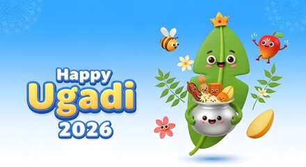 Fototapeta premium Happy ugadi 2026 greeting card with cute cartoon characters