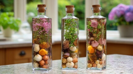 Square glass bottles filled with colorful herbs, flowers, and organic ingredients, showcasing natural preservation methods