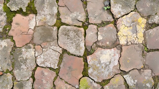 Weathered cobblestone path with moss and cracks