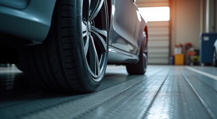 A close up of a car parked in a garage with a tire