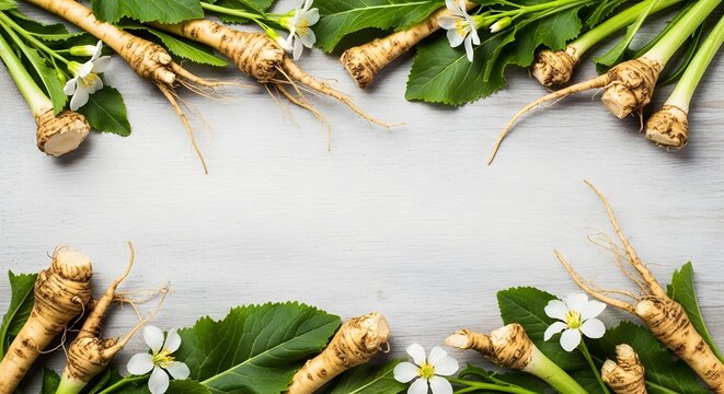 Fresh parsnip roots, green leaves, and white flowers frame a light wooden background, offering copy space for organic food, healthy recipes, or natural product themes