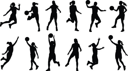 Female basketball player silhouettes, dynamic sports poses, athletic women dribbling shooting passing, black action icons, basketball motion illustration collection ©  Miller