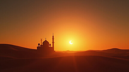 Desert Mosque Silhouette at Golden Sunset
