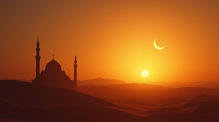 Desert Mosque Silhouette at Golden Sunset