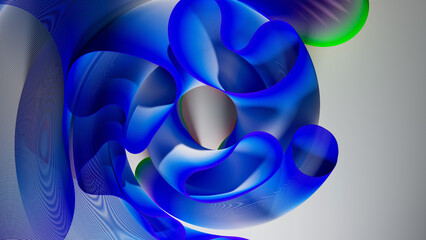 3d render of abstract art of surreal circles, ropes on a curve, wavy organic lines, forms in a deformation transformation process in purple and white, and blue gradient color