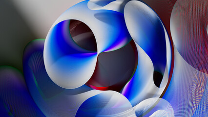 3d render of abstract art of surreal circles, ropes on a curve, wavy organic lines, forms in a deformation transformation process in purple and white, and blue gradient color