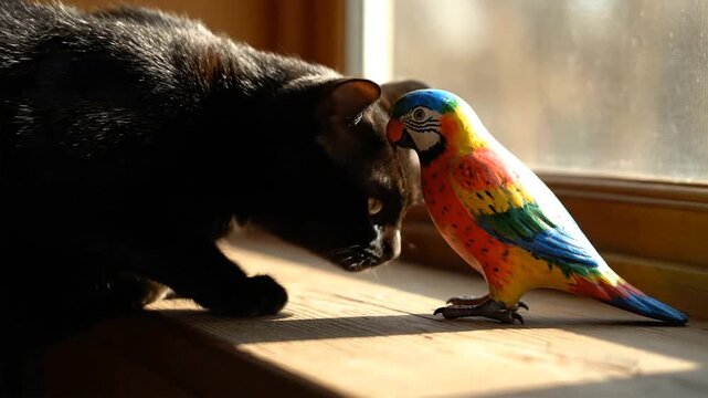 Cat and colorful parrot perched together on a wooden window sill