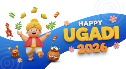 Obraz premium Happy ugadi 2026 celebration with cartoon character and festive elements