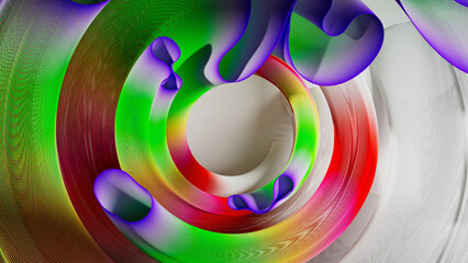 3d render of abstract art of surreal circles, ropes on a curve, wavy organic lines, forms in a deformation transformation process in purple and white, and blue gradient color